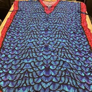 Simone Irani Sanura Long Belted Kaftan Vibrant Blue and Pink Patterned Dress